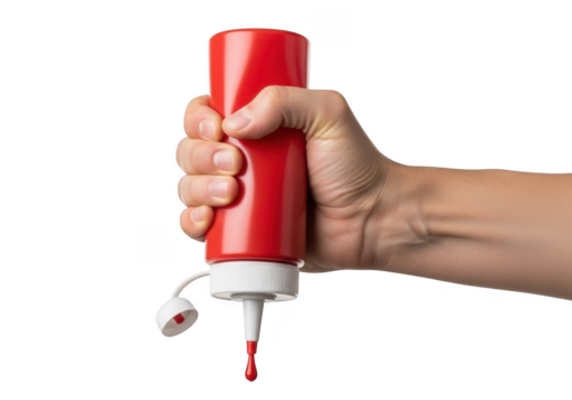 Hand Squeezing Ketchup Bottle Isolated on Transparent Background