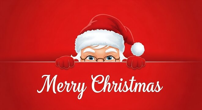 Santa claus peeking over a red banner with merry christmas text