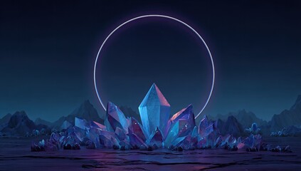 Stylized glowing blue and purple crystals under a neon ring in a dark alien landscape