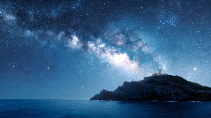 Starry Night Sky with Milky Way Over Rocky Island with Lighthouse. HD Wallpaper.