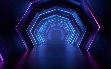 Futuristic hexagonal tunnel with glowing blue and purple neon lights