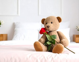 Soft plush teddy bear sitting on white bed holding single red rose creating tender romantic atmosphere in cozy bedroom setting
