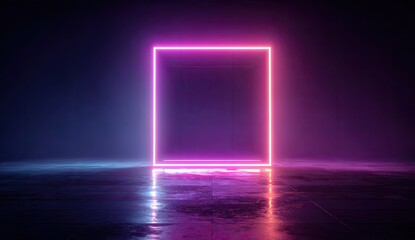 Vibrant neon square glowing on a dark, wet, reflective floor in a mysterious space