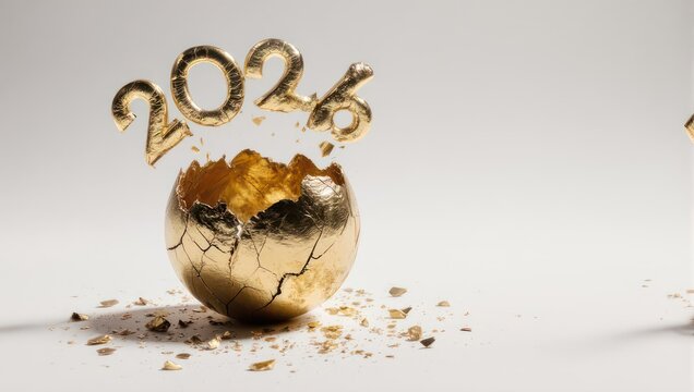 Golden year 2026 numbers hatching from a cracked golden egg with confetti.