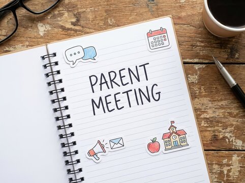 Words written ‘PARENT MEETING’ on a notebook resting on a wooden table. Discussion, planning, communication, and school engagement