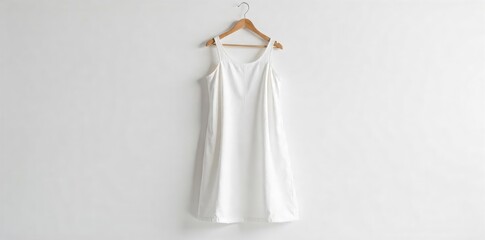 Elegant, flowing white linen dress hanging on a minimalist wooden hanger against a bright white backdrop Pure, unblemished fabric emphasizes clean lines and simple design , modest, minimalist, light