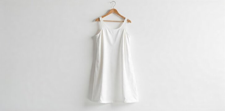 Elegant, flowing white linen dress hanging on a minimalist wooden hanger against a bright white backdrop Pure, unblemished fabric emphasizes clean lines and simple design , modest, minimalist, light