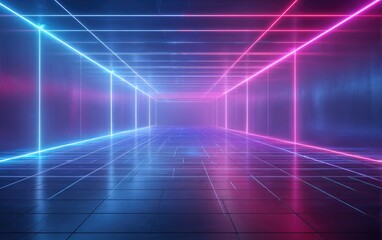 Abstract cybernetic corridor with glowing blue and pink neon light lines, futuristic grid floor