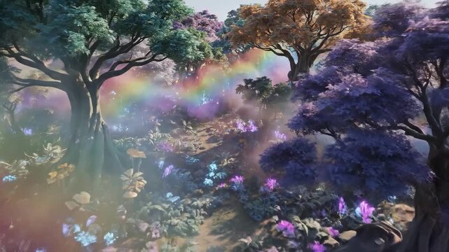 Conceptual background design of a fantastical world with a rainbow forest, glowing elements, and mystical atmosphere