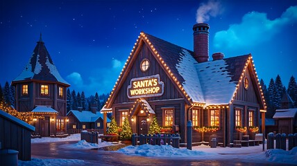 Santas workshop with snowy christmas village and festive lights
