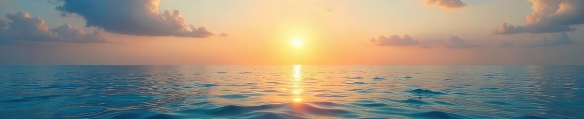 Obraz premium Endless expanse of calm ocean, serene horizon meeting the sky Perfect for travel, nature, and tranquility themes The sun reflects beautifully on the water's surface , stillness, calm, tranquil