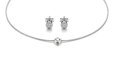 Elegant silver jewelry set with necklace and earrings on a white background
