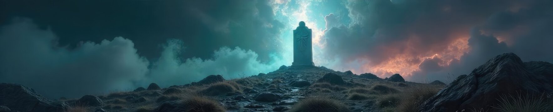 A ghostly figure emerges from a cracked tombstone, ethereal light illuminating its form as it rises from the earth, signifying rebirth and spiritual transcendence , resurrection, ghost, cemetery