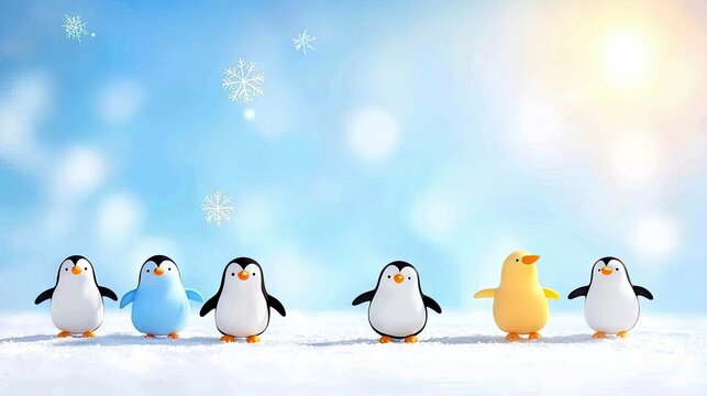 A charming collection of five penguins and one yellow bird stand together in a snowy landscape under a bright, sunlit sky with falling snowflakes. - Powered by Adobe