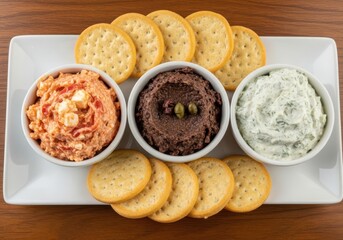 Delicious appetizer platter with three dips and crackers on a white plate