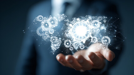 Digital leader holding global network and transformation strategy, innovation change automation restructuring systems integration modernization cloud migration, and workflow evolution.