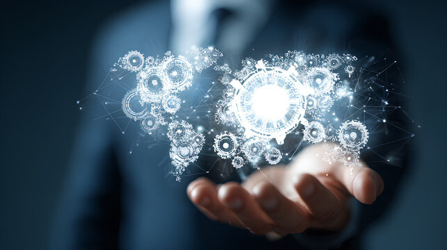 Digital leader holding global network and transformation strategy, innovation change automation restructuring systems integration modernization cloud migration, and workflow evolution.