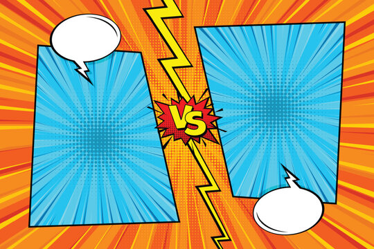 Dynamic comic background design with blank areas for two opposing elements, divided by a ripping effect and the word "VS", all set against a yellow  and orange radial explosion line backdrop