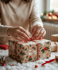 Ultra-sharp photo of a woman wrapping a Christmas gift in warm natural indoor light, with clear focus on hands and patterned kraft paper, soft festive background, natural tones, and a clean cozy holid