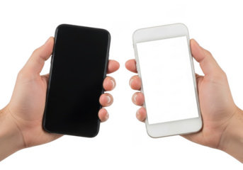 Hands Holding White and Black Smartphones Isolated on Transparent Background for Mobile Technology