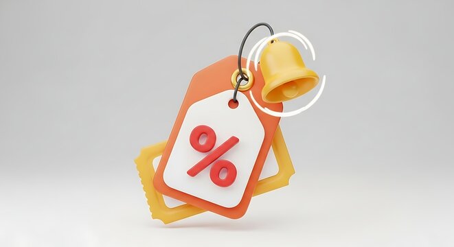 Vibrant 3D illustration of stacked discount tags with a percentage symbol and ringing golden bell, signaling urgent sales, exclusive deals, and tempting promotions