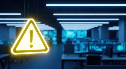 Digital security alert: glowing warning sign in a blurred futuristic data center environment