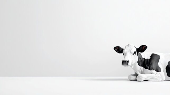 A black and white cow is lying down on a white surface with a plain white background.