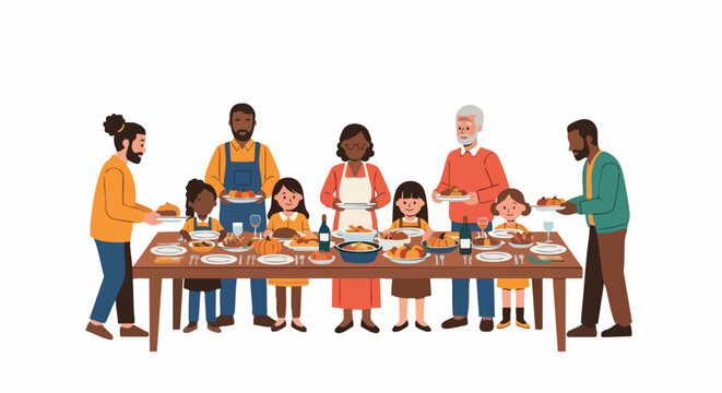 Diverse multi-generational family gathered around a table with food and drinks in a casual dining setting with warm tones.