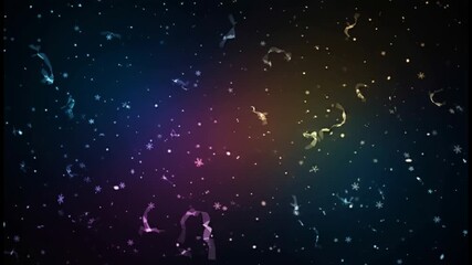 Surreal person floating falling in dreamy space with colorful snowflakes rainbow gradient sky for fantasy meditation freedom dream concept animation.
