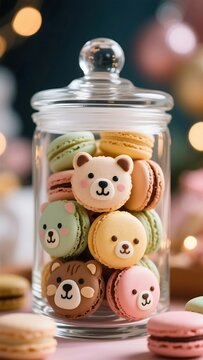 Glass jar filled with cute animal macarons in pastel tones offering an irresistible handcrafted bakery treat ideal for cozy food styling and dessert imagery