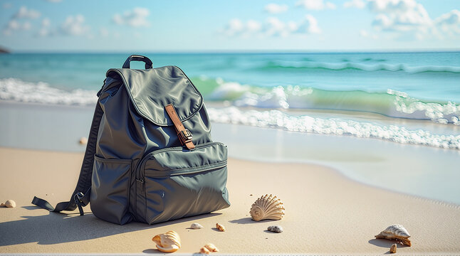 A relaxing summer beach scene with gentle waves rolling onto the sandy shoreline, a stylish bag placed on the sand next to a casual cap, with palm trees swaying in the breeze under a bright blue sky - Powered by Adobe
