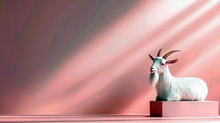 A white goat with prominent horns and a fluffy coat is positioned on a pink platform, bathed in soft light.