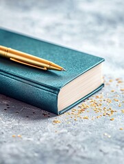 A golden pen is placed on top of a closed teal book, with small gold confetti scattered around it on a gray textured surface.