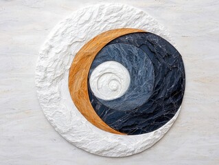 A textured, abstract circular artwork composed of concentric rings made from different natural stone materials.