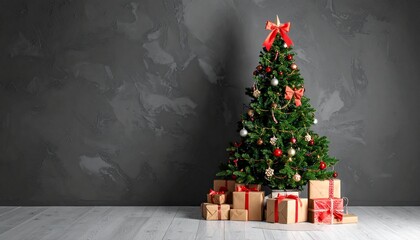 An elegant Christmas tree decorated with festive ornaments stands indoors in front of a dark textured wall, surrounded by beautifully wrapped gift boxes on a white wooden floor.