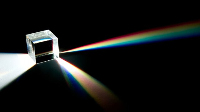 rockwell. Clear glass prism refracting rainbow light spectrum on dark surface. STEM education sheets, lab safety posters, designed for biotech research communications, used by data analysts.
