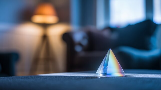 rockwell. Clear glass prism refracting rainbow light spectrum on dark surface. STEM education sheets, lab safety posters, designed for biotech research communications, used by data analysts.
