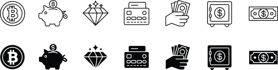Collection of modern finance icons featuring money symbols, banking elements, cryptocurrency signs, wealth concepts, savings graphics, secure payment illustrations for digital use