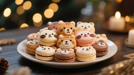 Warm cozy scene of animal face macarons stacked on a dessert plate showcasing handcrafted bakery treats in soft festive lighting for charming food visuals