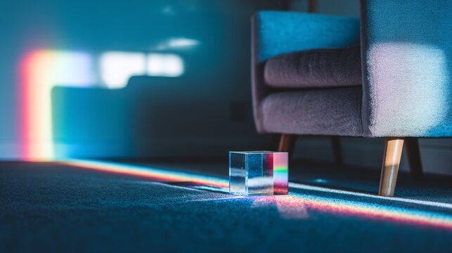 rockwell. Clear glass prism refracting rainbow light spectrum on dark surface. STEM education sheets, lab safety posters, designed for biotech research communications, used by data analysts.
