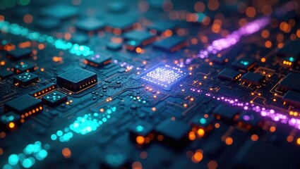 Intricate  of a computer motherboard features illuminated circuits, glowing data streams, and electronic components, creating an abstract representation of technology, data, and digital processing,...