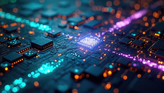 Intricate  of a computer motherboard features illuminated circuits, glowing data streams, and electronic components, creating an abstract representation of technology, data, and digital processing,...