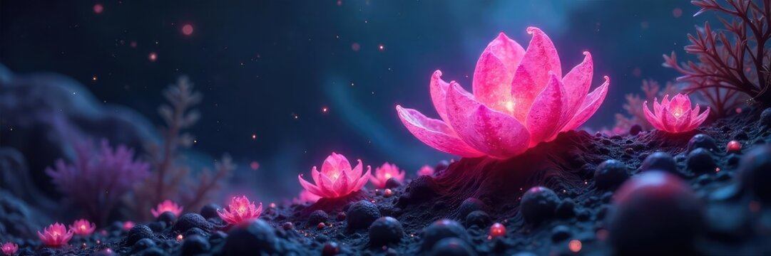 Glowing, bioluminescent alien flora thrives in a harsh, extraterrestrial environment Its intricate, crystalline structure reflects the nebula above , bioluminescent plant, futuristic plant