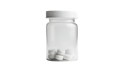 Transparent glass medicine bottle with a white ribbed cap holding several white circular tablets, isolated on transparent background