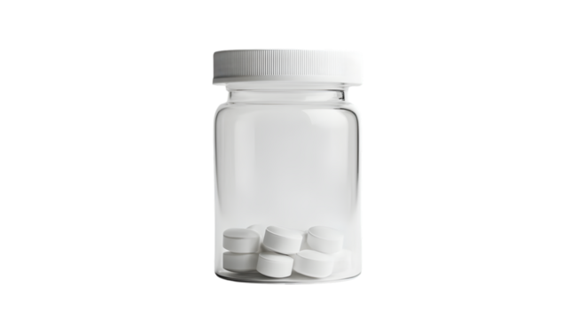 Transparent glass medicine bottle with a white ribbed cap holding several white circular tablets, isolated on transparent background - Powered by Adobe