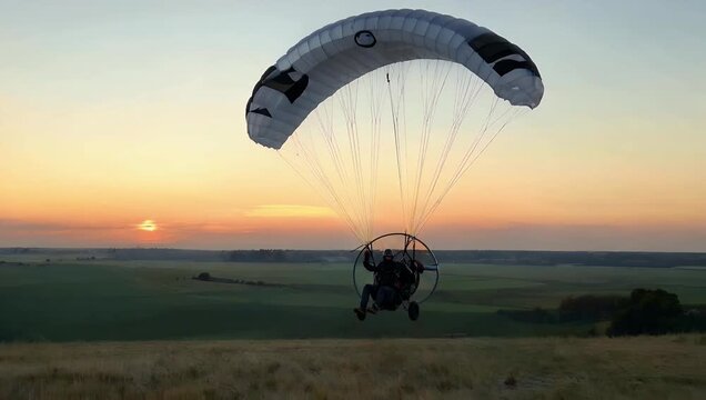 Cinematic 4K footage of a powered paraglider landing in the evening twilight with the aircraft silhouetted against the horizon capturing extreme sports adventure and aerial recreation for
