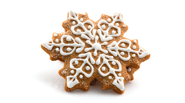 Gingerbread snowflake cookie isolated on white background, Christmas holiday treat with white icing decoration