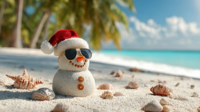 Tropical Christmas: Sandman Wearing Santa Hat on Beach Vacation
