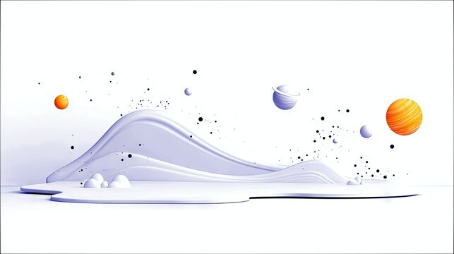 A surreal 3D landscape with flowing white structures, small white spheres, and colorful planets suspended in a white space.