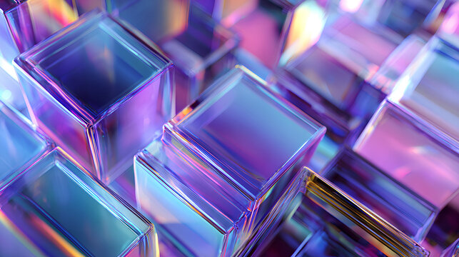 Glass square shapes dynamic 3d background. Holographic transparent block row with purple blue gradient, speed effect. Abstract geometric bg with crystal light hologram curve wave. - Powered by Adobe